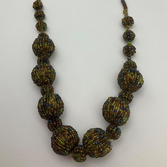 New Artisan Handmade Beaded Necklace Iridescent Green Tones Beads Chunky - Picture 5 of 10